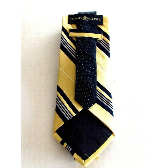 Men's Ties Designer Tommy Hilfiger Yellow Multi Color Striped 100% Silk Tie - Picture 1 of 8